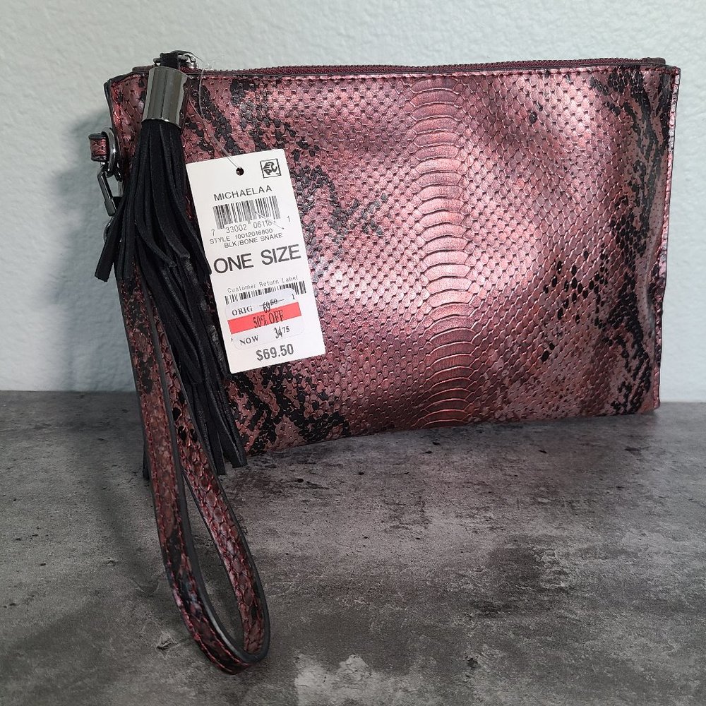 INC zipper clutch snake print